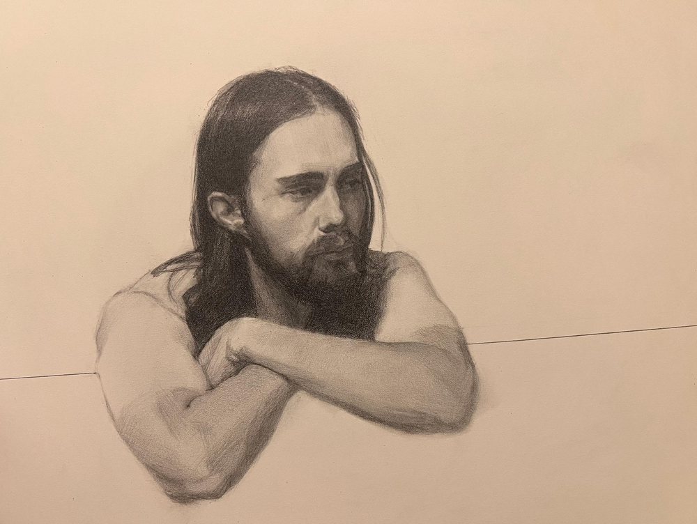 Graphite drawing titled Lost Boy, a long-haired figure leaning forward