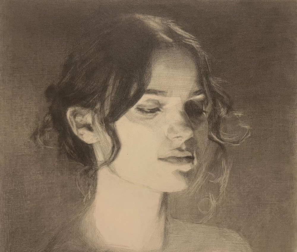 Graphite portrait of a woman looking down, soft warm tone