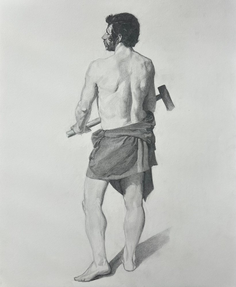Full-figure graphite study after Velázquez of a standing man seen from behind